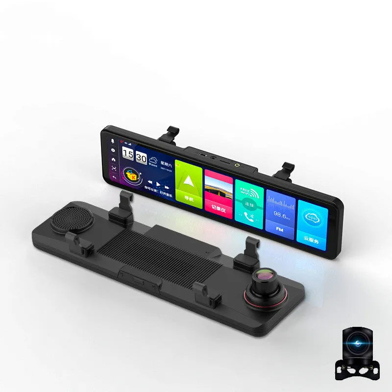 Black rearview mirror car dash camera with dual lenses for front and rear recording.