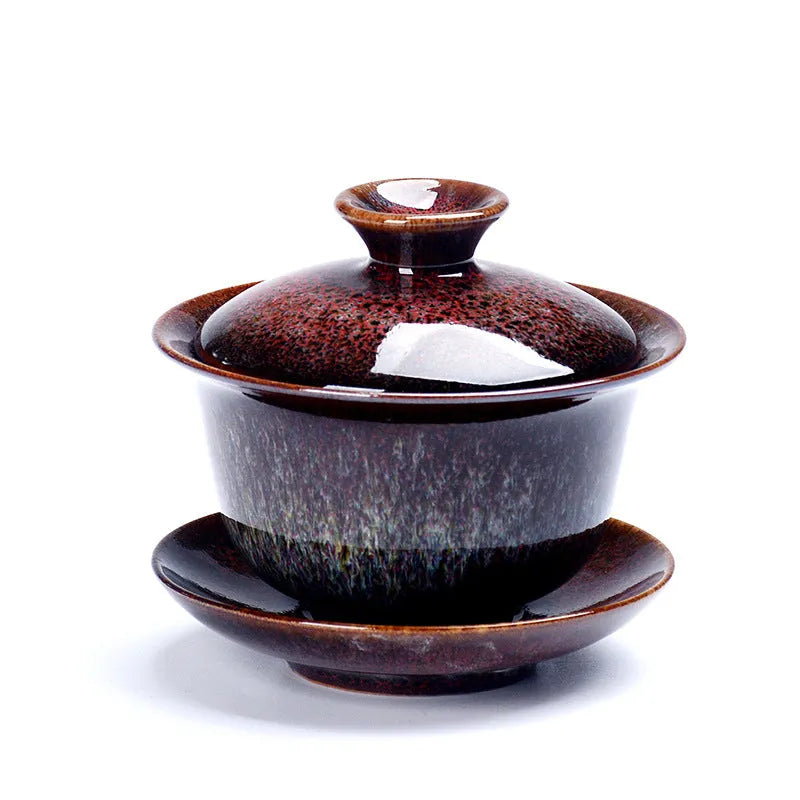 Three-piece ceramic tea set with covered bowl and teacups, transmutation glaze finish in five colours