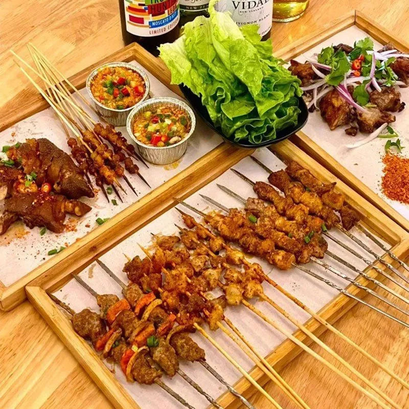 Brown handled bamboo serving tray in square shape for commercial barbecue and hospitality use