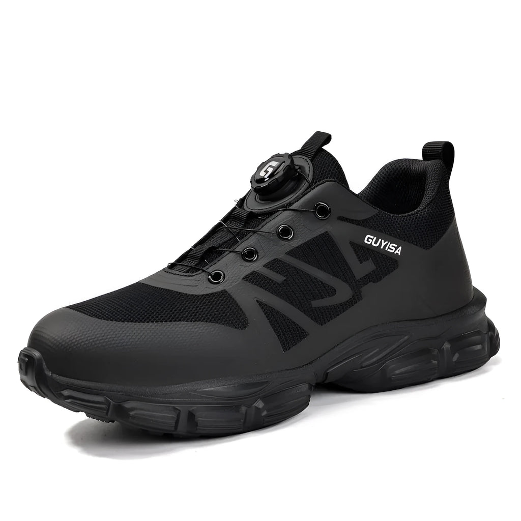 Black lightweight safety shoes with steel toe cap and anti-puncture sole for industrial work