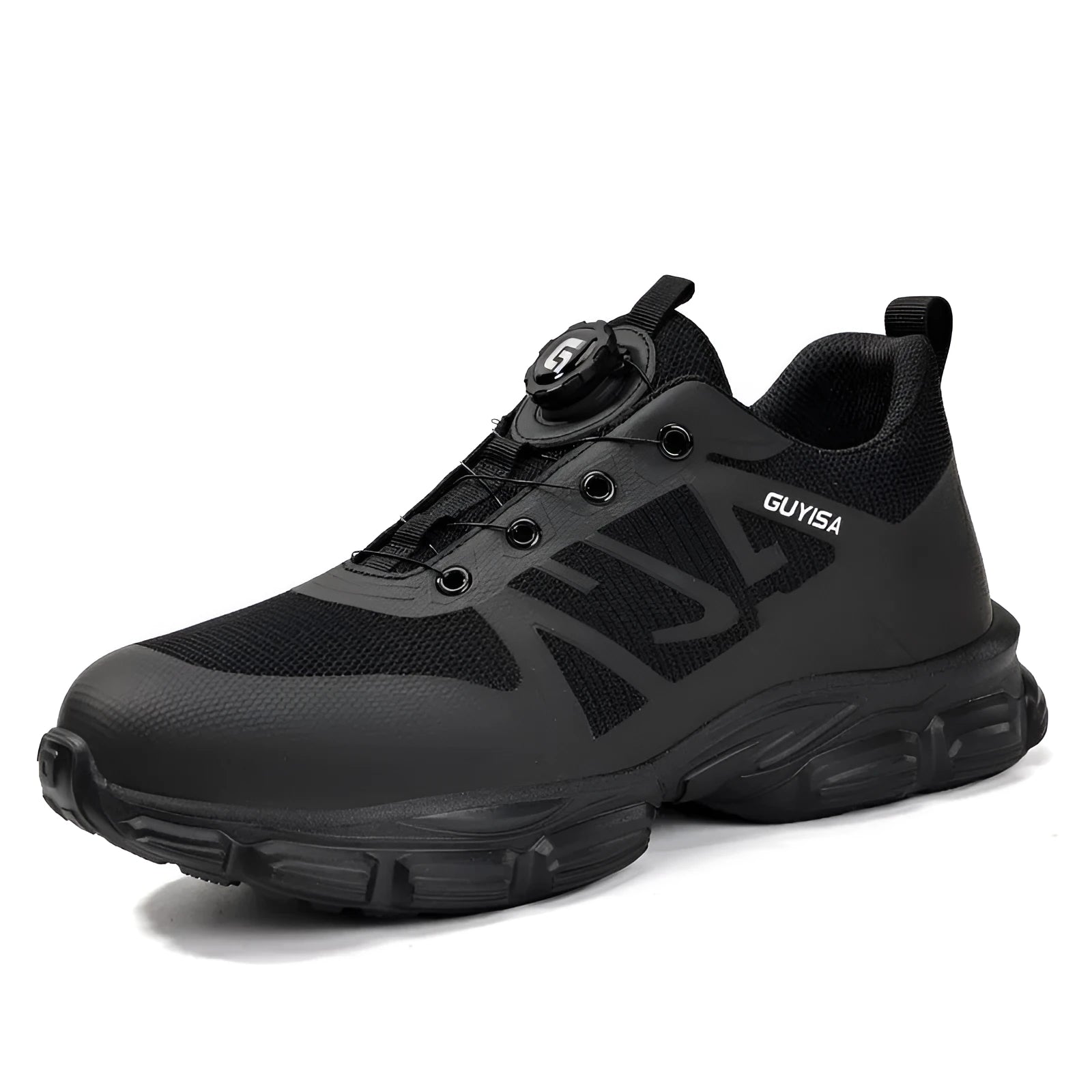 Black lightweight safety shoes with steel toe cap and anti-puncture sole for industrial work