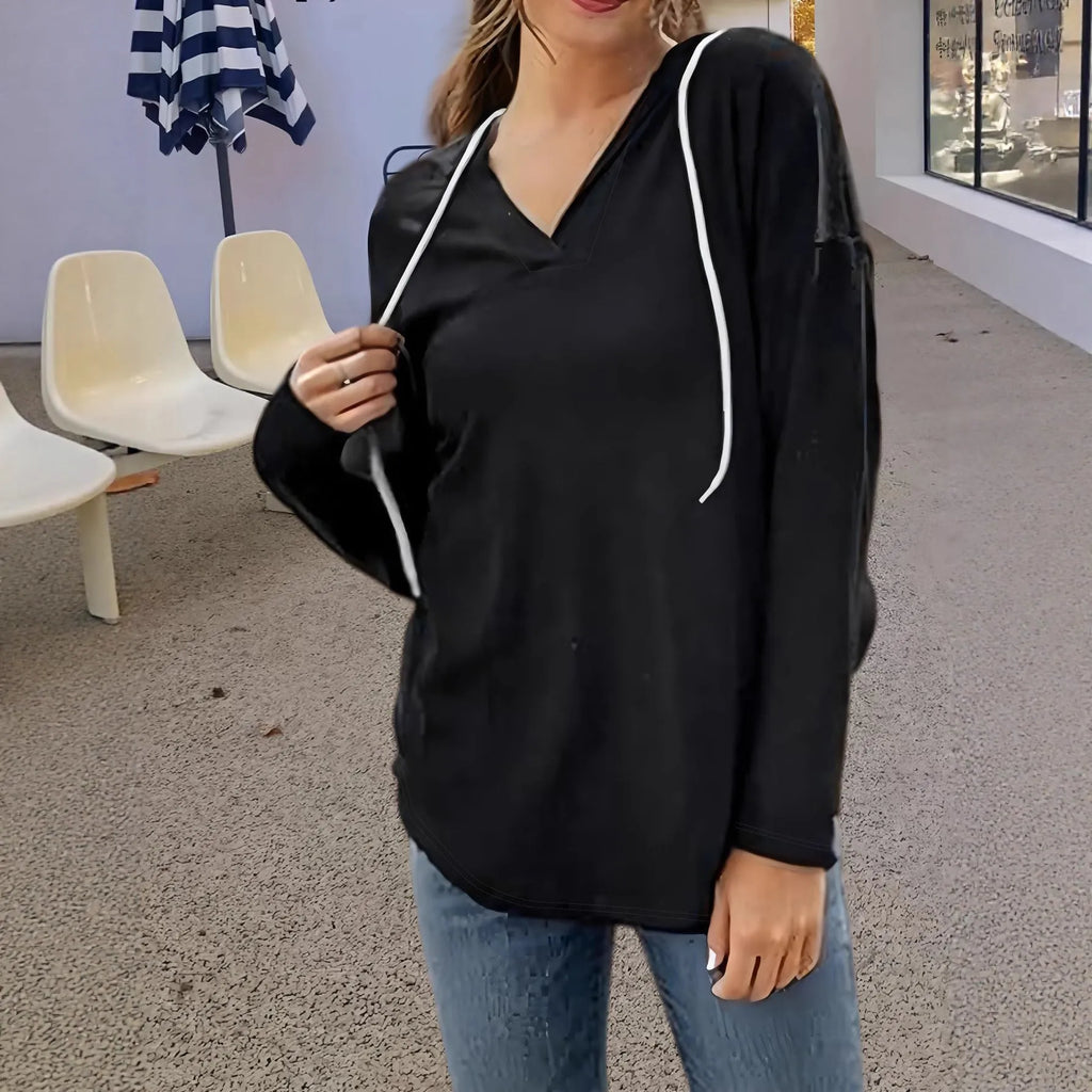 Women's black V-neck hooded sweatshirt with loose fit and regular long sleeves for autumn wear