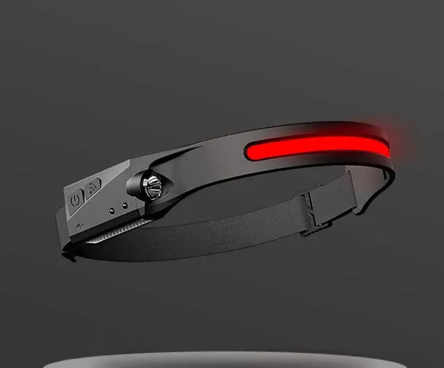 Black USB rechargeable headlamp with a wide COB LED lens and a side wave sensor on the headband.