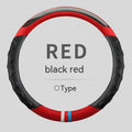 Artificial leather sports steering wheel cover for 38cm diameter wheels in D-shape and round styles.