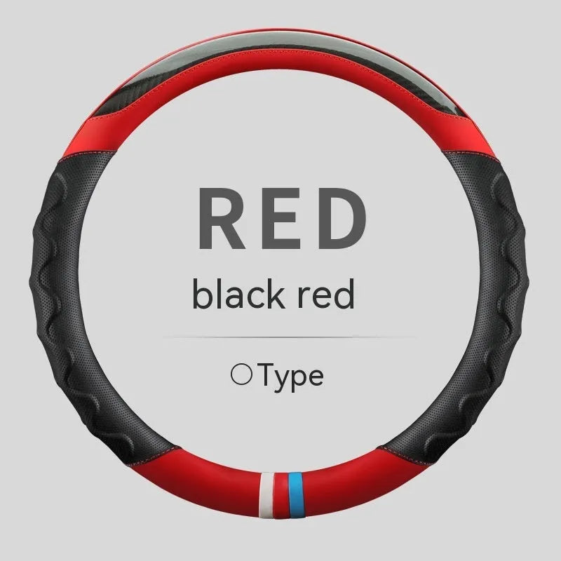 Artificial leather sports steering wheel cover for 38cm diameter wheels in D-shape and round styles.