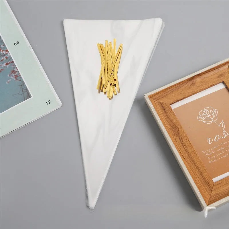 Triangle-shaped clear OPP plastic packaging bags with tie wire closures for holiday gifts