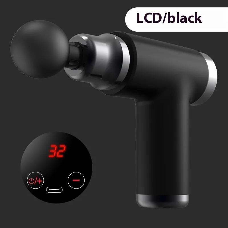 Black mini portable massage gun with LED screen and 32 speed LCD display on white background