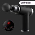 Black mini portable massage gun with LED screen and 32 speed LCD display on white background