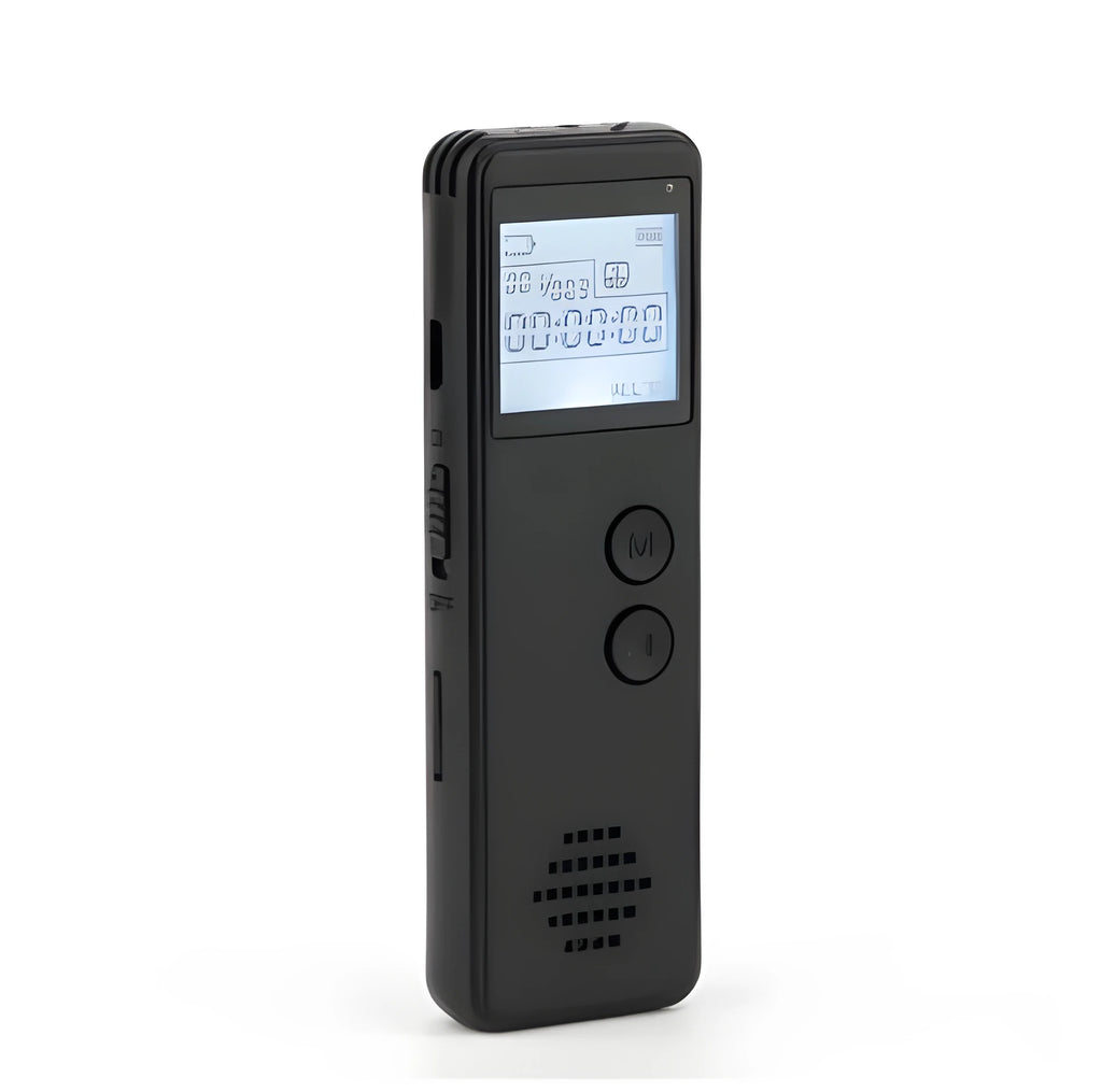 Black matte-finish digital voice recorder with screen, showing one-key recording button and 3.5mm jack.