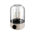 Beige and black camping ambience light with USB port, knob control, and dual lamp beads measuring 140x95mm