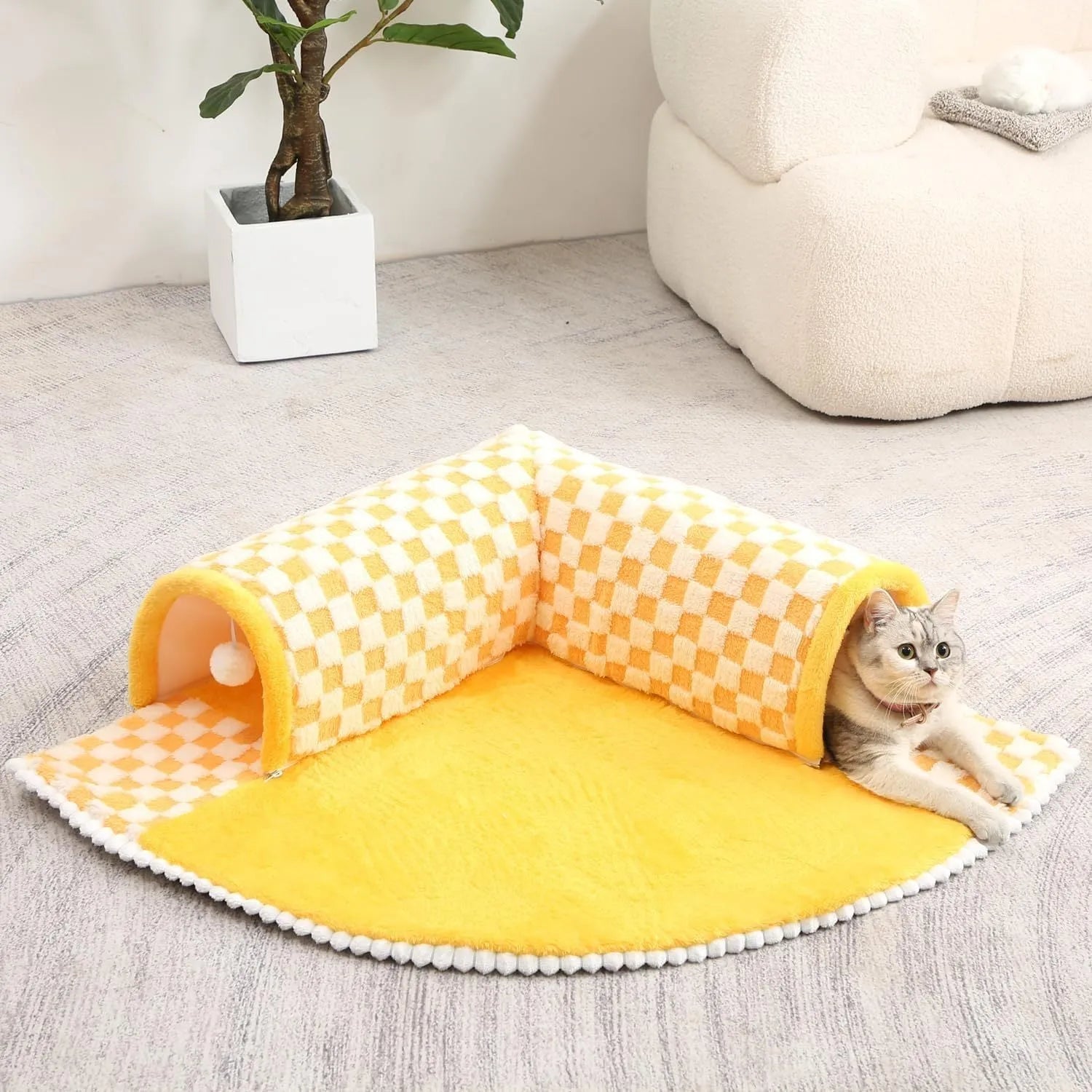 XL plush dog and cat bed with an attached tunnel in a plaid design, showing coffee colour and granular anti-slip bottom.