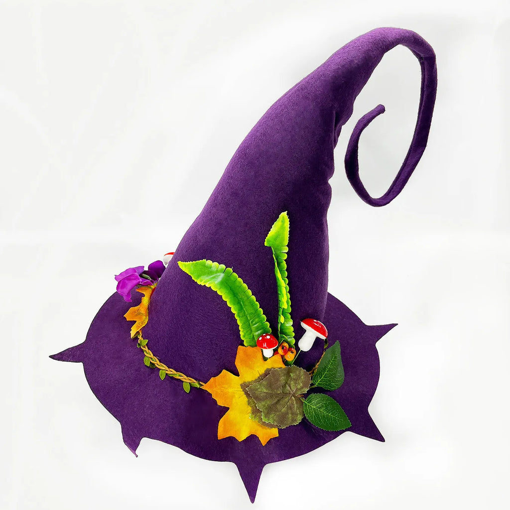 Felt Halloween witch hat with conical crown, fungus-shaped brim and monochrome printed pattern for adults