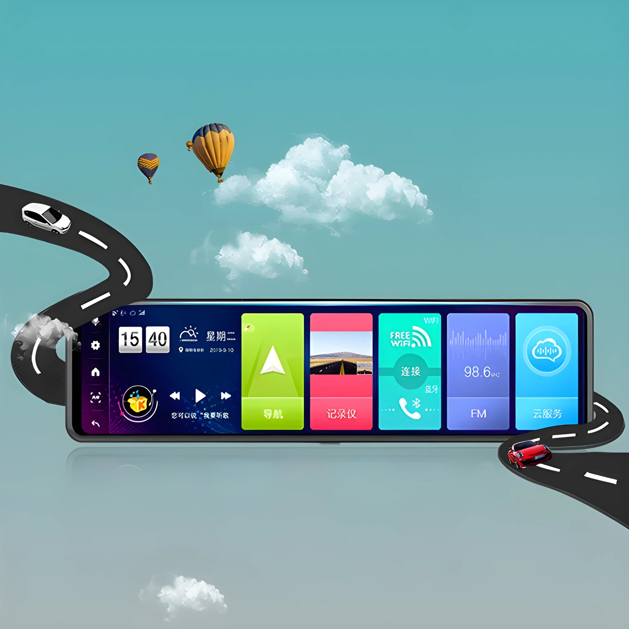 Black rearview mirror car dash camera with dual lenses for front and rear recording.