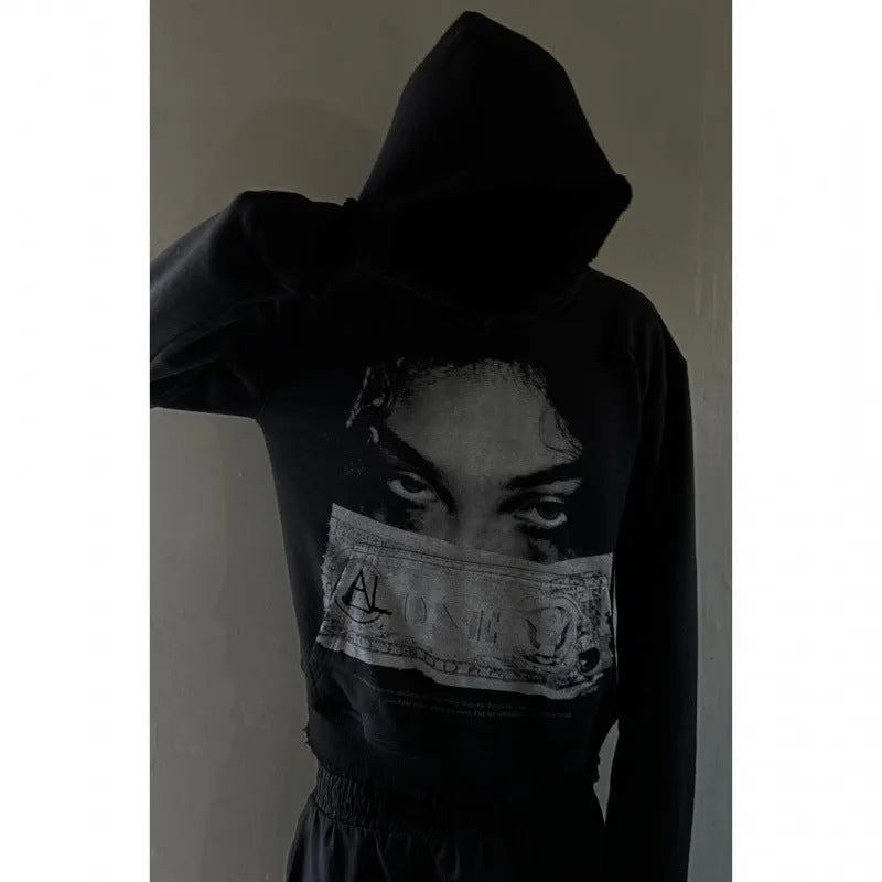 Black women's hoodie with dark cartoon print in loose polyester fabric