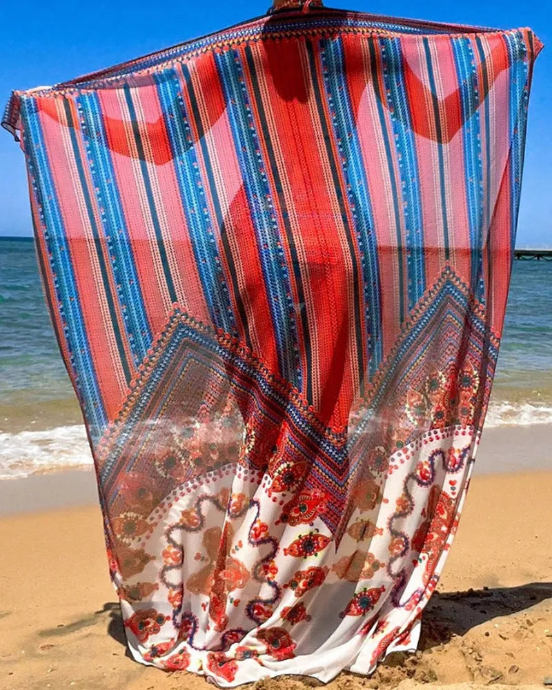 Women's three-piece swimsuit set showing split-front blouse, high-waist briefs, and longline cover-up coat on a model.