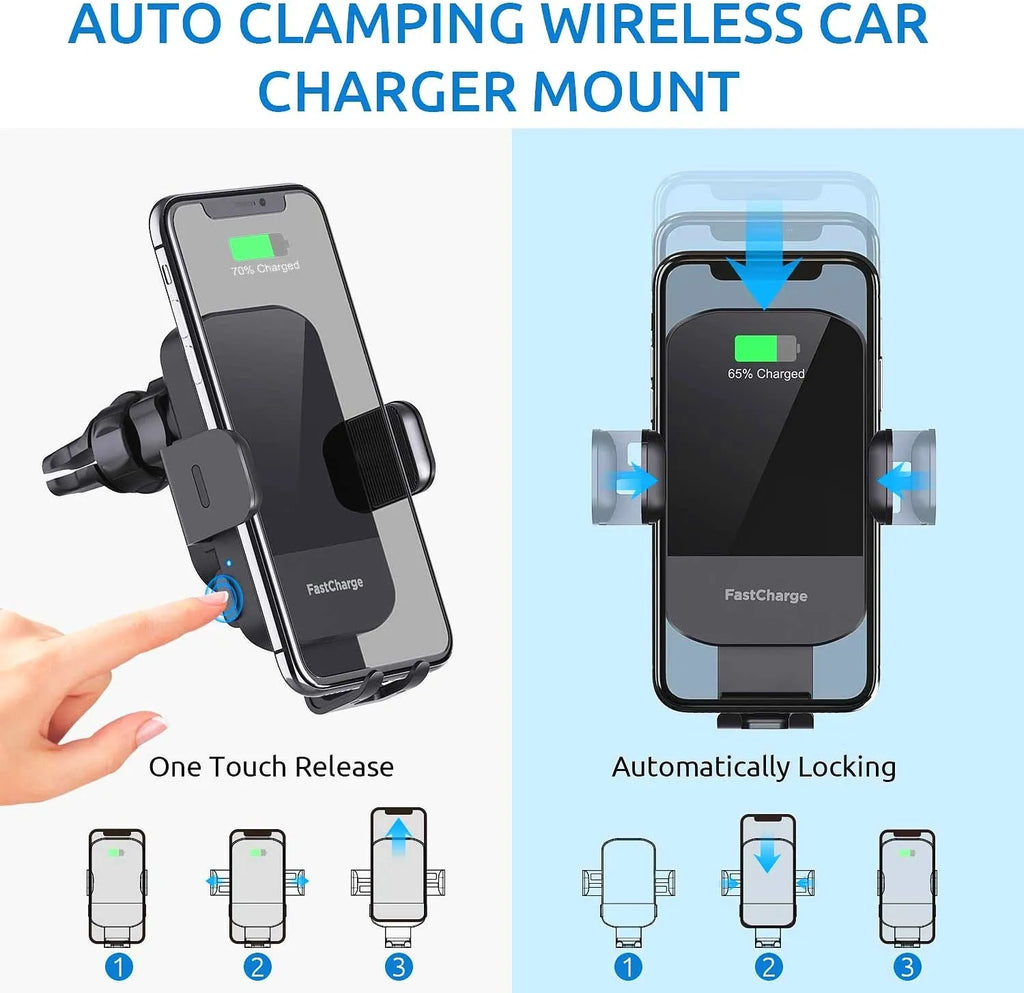 Black car wireless charging stand with 15W fast charging and multiple mounting options