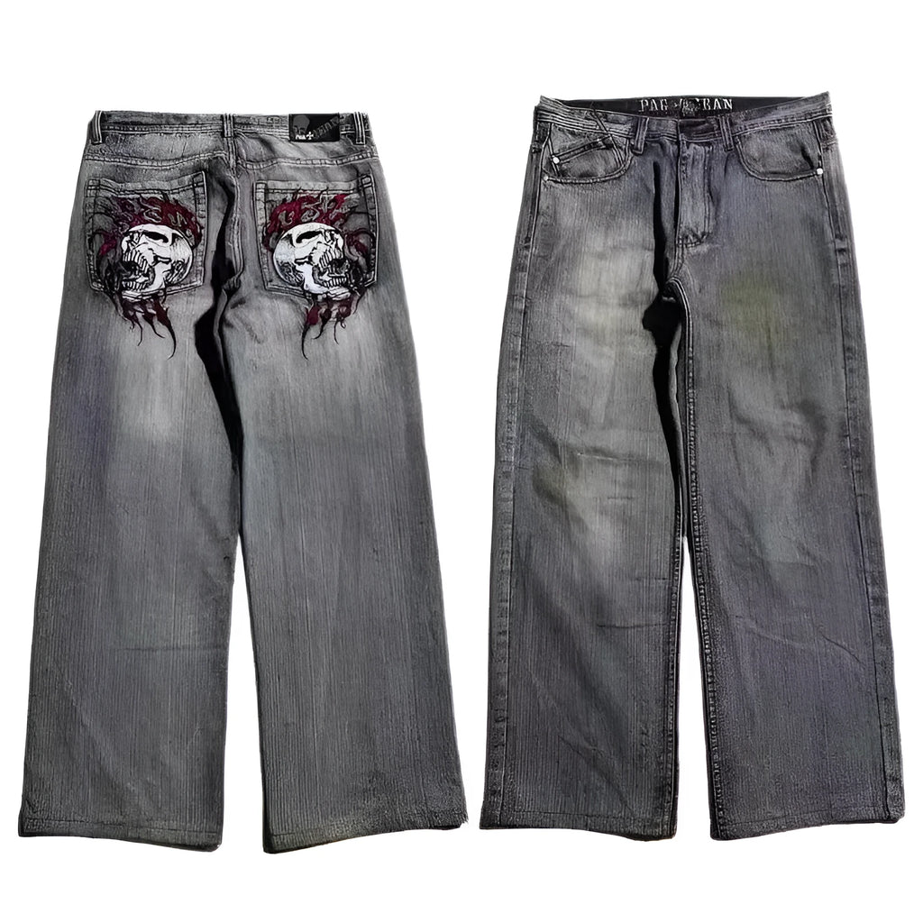 Men's grey washed-out wide-leg denim jeans with a straight leg and mid-waist design