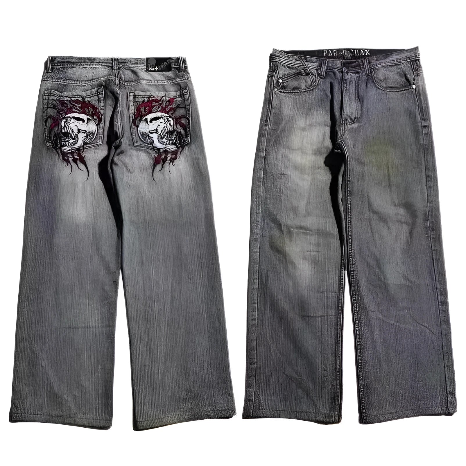 Men's grey washed-out wide-leg denim jeans with a straight leg and mid-waist design