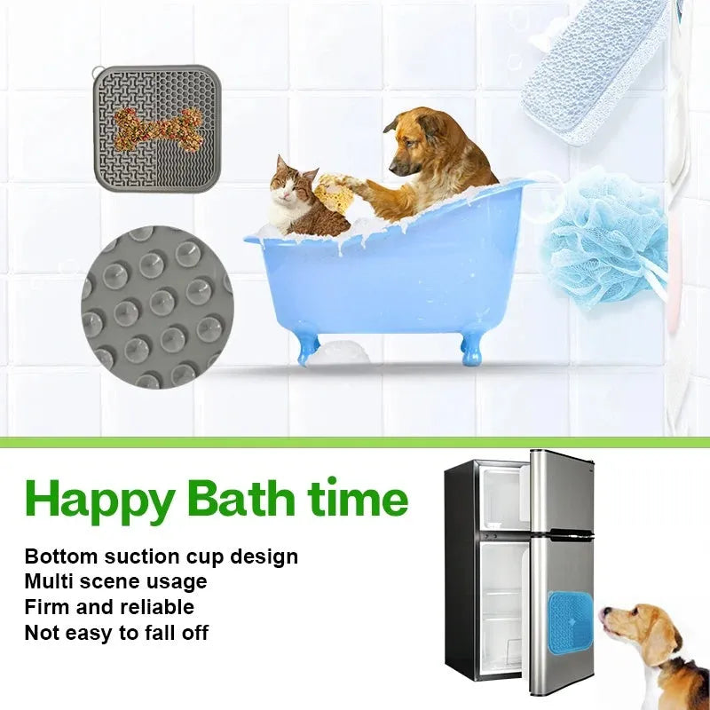 Orange, grey, blue and green silicone dog licking mat with suction cups on back measuring 20x20cm