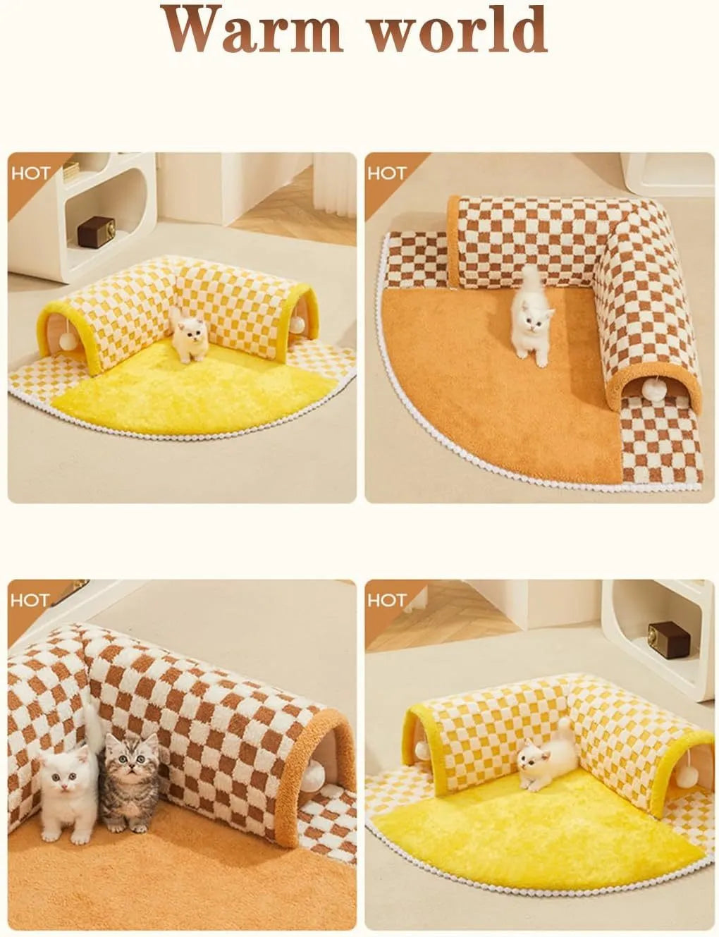 Brown plush plaid cat tunnel bed with central mat and zippered tunnel for indoor cats