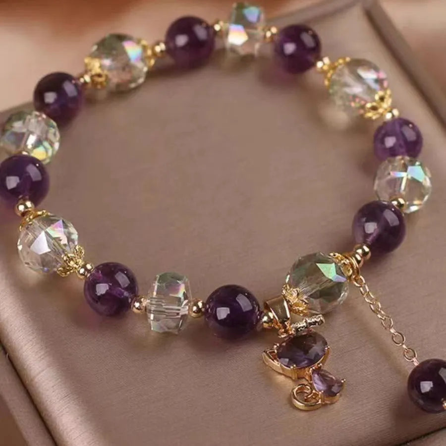 Natural purple amethyst crystal bracelet with nine-tailed fox pendant and flower charm