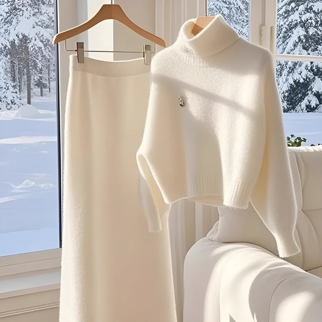 White knitted sweater skirt suit with long sleeve top and long skirt for women, sizes S-3XL.