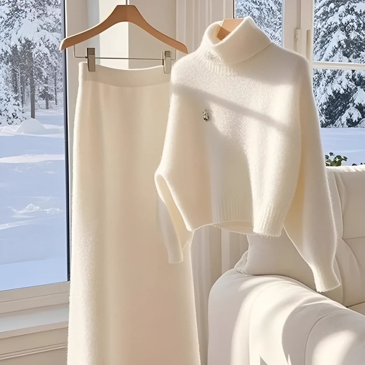 White knitted sweater skirt suit with long sleeve top and long skirt for women, sizes S-3XL.