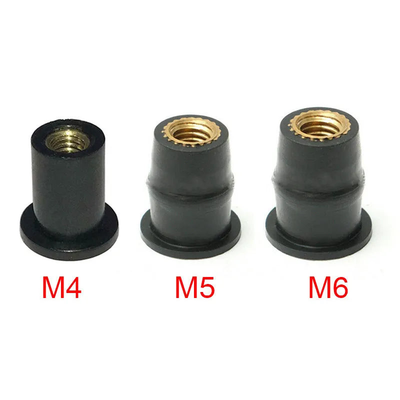 Motorcycle windshield rubber brass nut fasteners in M4 M5 M6 sizes, 10-piece set