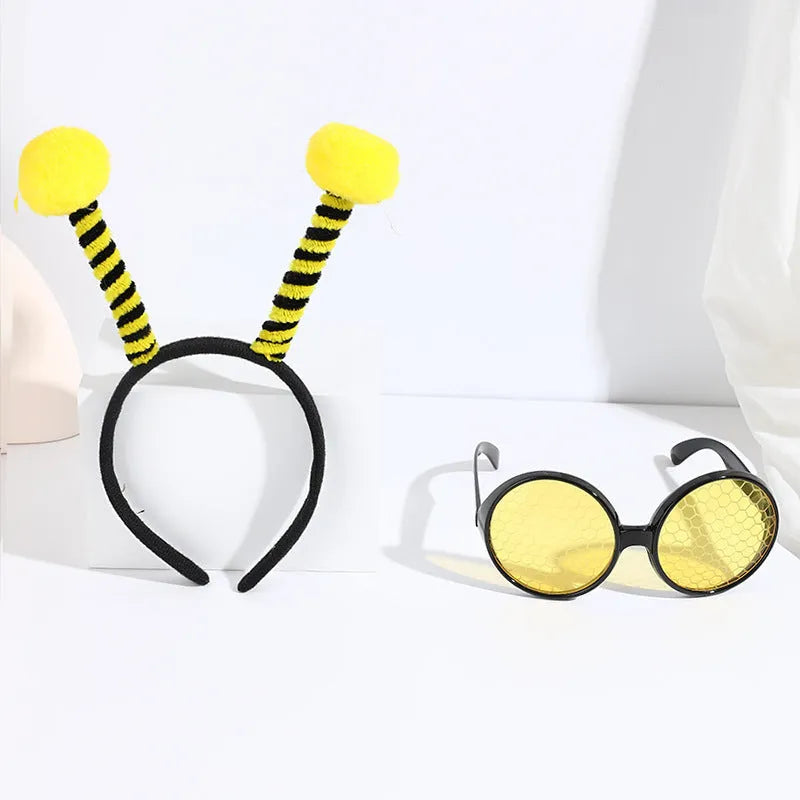Child's insect costume headband and glasses set for dress-up, showing bee, butterfly, and ladybug themes.