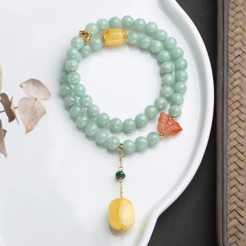 Emerald green double-layer jade bracelet with geometric beeswax barrel beads