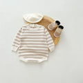 Cotton baby romper long sleeve triangle jumpsuit in grey or coffee stripes, sizes 66cm to 100cm