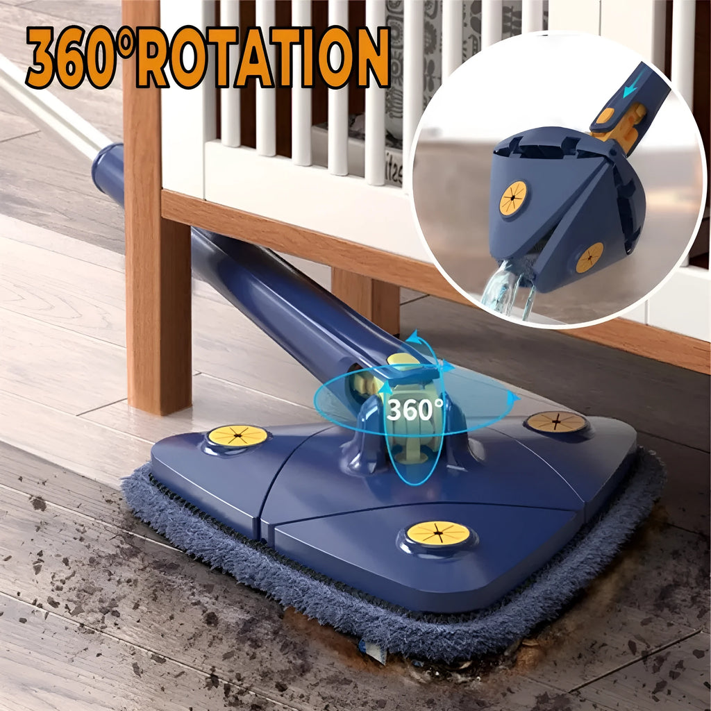 Extendable blue triangle mop with 360 rotating head and automatic water squeezing mechanism