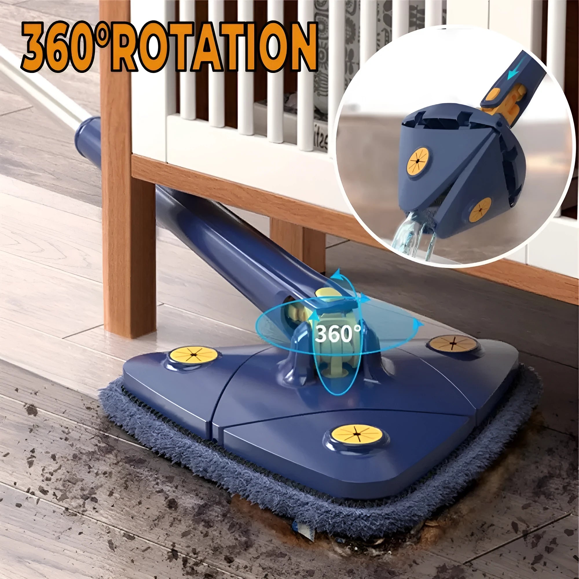 Extendable blue triangle mop with 360 rotating head and automatic water squeezing mechanism