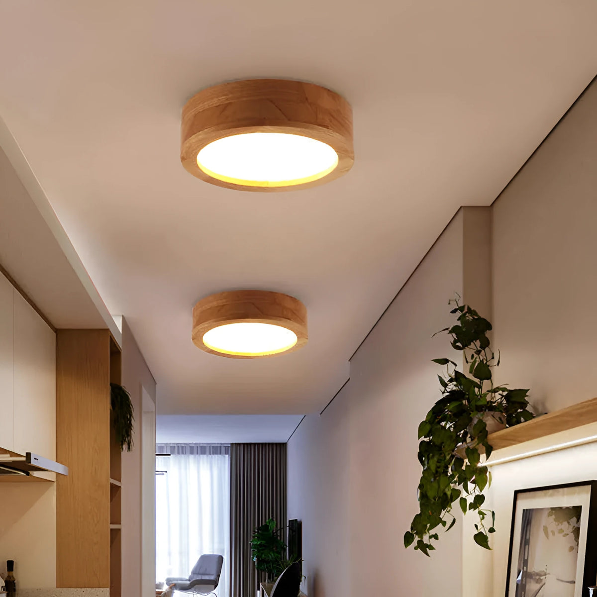 Nordic minimalist ceiling light with wood art body and acrylic shade in Grey, Green, Log, Pink, or White, 20cm to 30cm