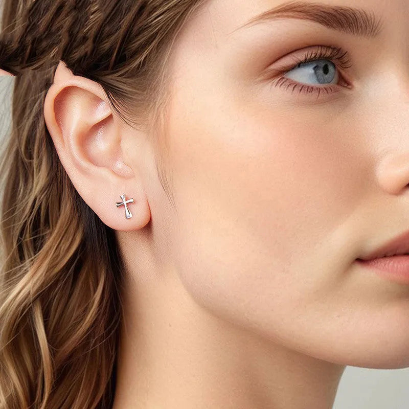 S925 sterling silver cross stud earrings for women, European and American style, colour SCE1967, one pair