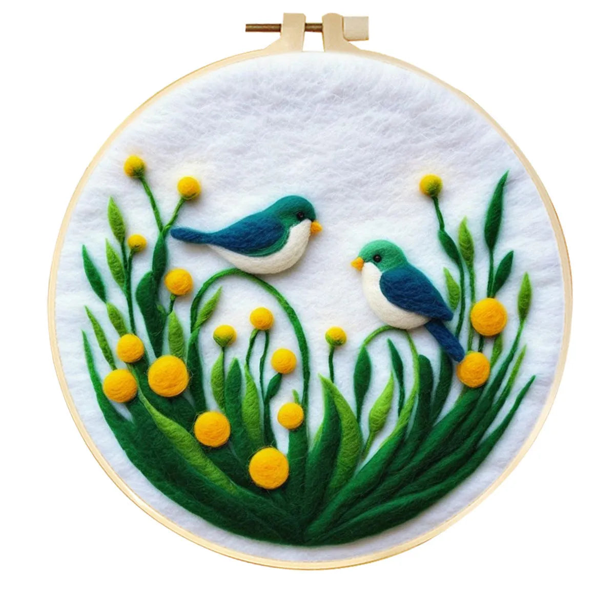 Round linen embroidery frame with wool felt floral decoration kit for three-dimensional wall art