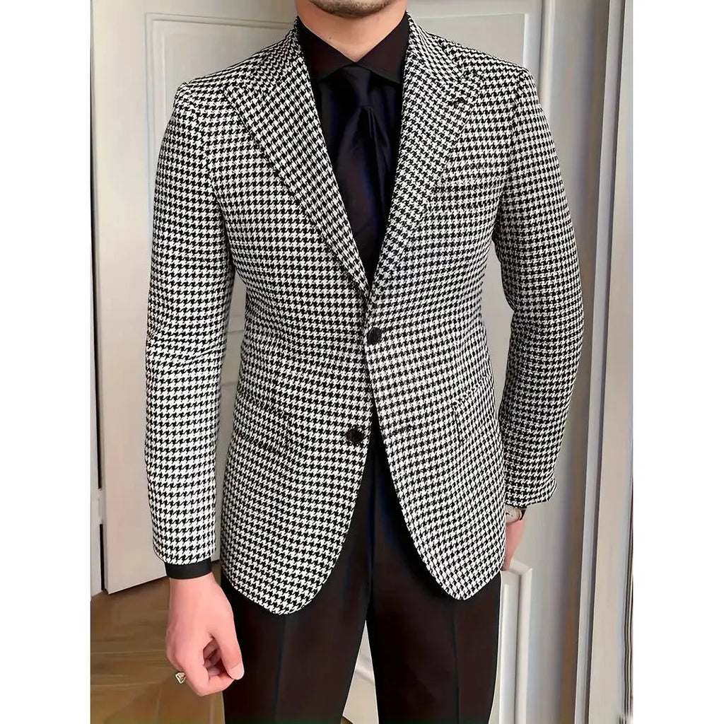 Black and white plaid casual slim-fit jacket for youth, cotton blend, regular length, sizes M to 2XL