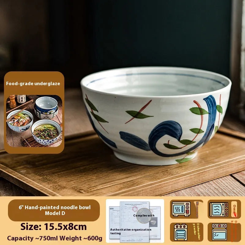 Ceramic hand-painted underglaze colour noodle bowl round 6 inch Japanese style retro soup bowl