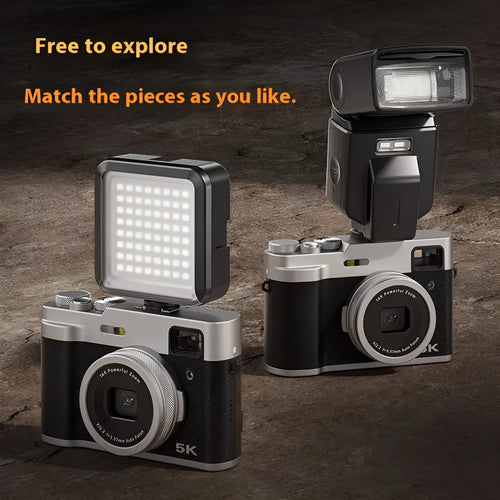 Black 5K digital camera with front and rear lenses, optical viewfinder, and 2.88-inch screen on a strap.