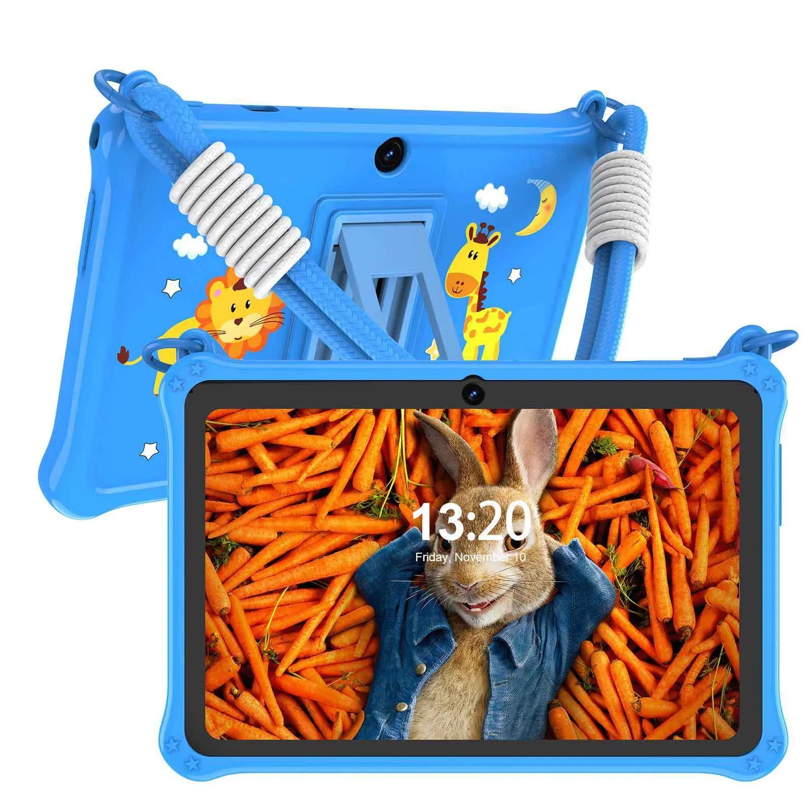Blue silicone protective case with strap for 7-inch children's tablet showing screen protector