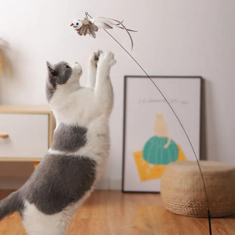 Cat teaser stick with feather head, 75cm steel wire rod and 13.5cm PVC handle