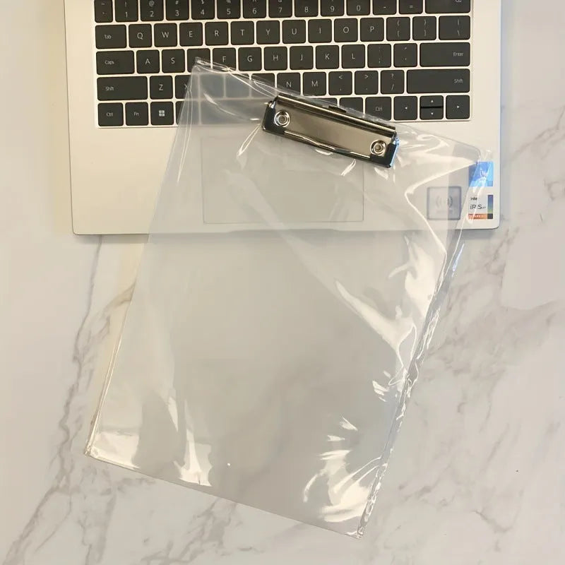 Transparent A4 plate holder with metal flat clip and writing board pad in blue colour