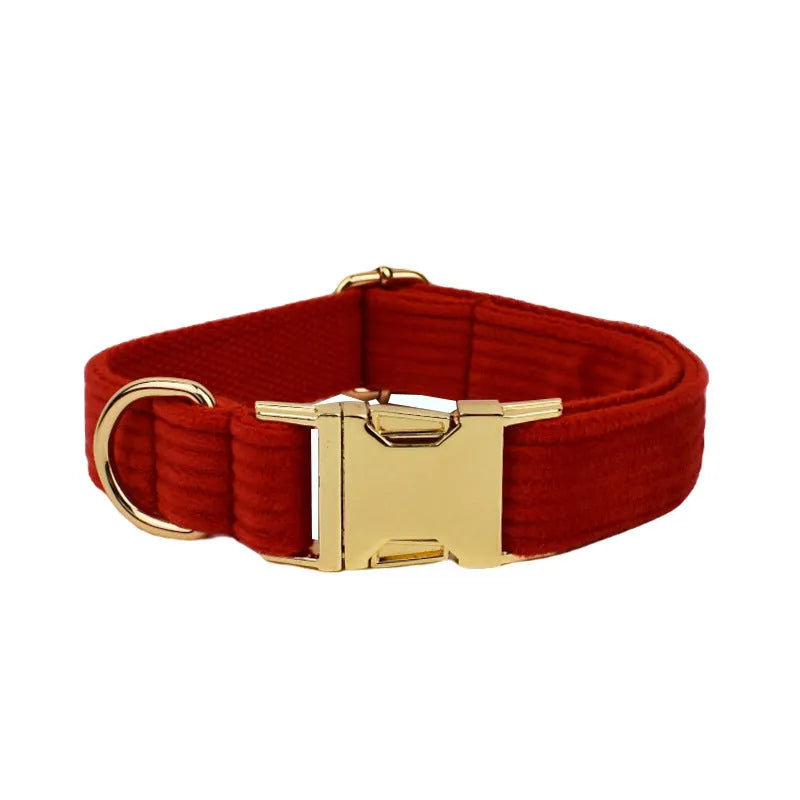 Corduroy dog collar and leash set with matching vest, bow, and poop bag holder accessories