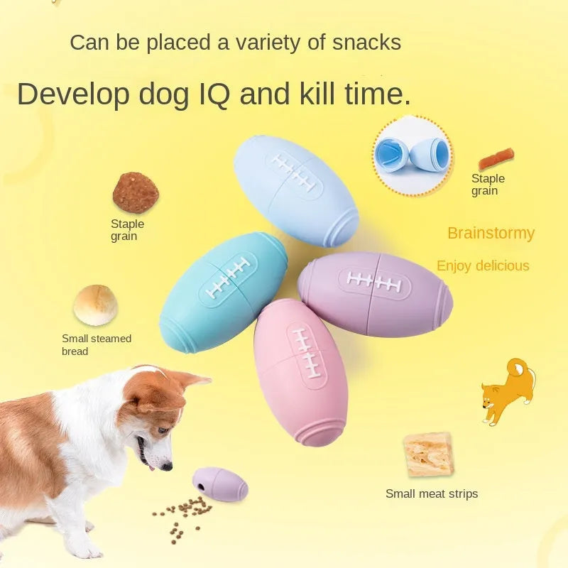Blue silicone rugby ball shaped dog chew toy for boredom relief and interactive feeding.