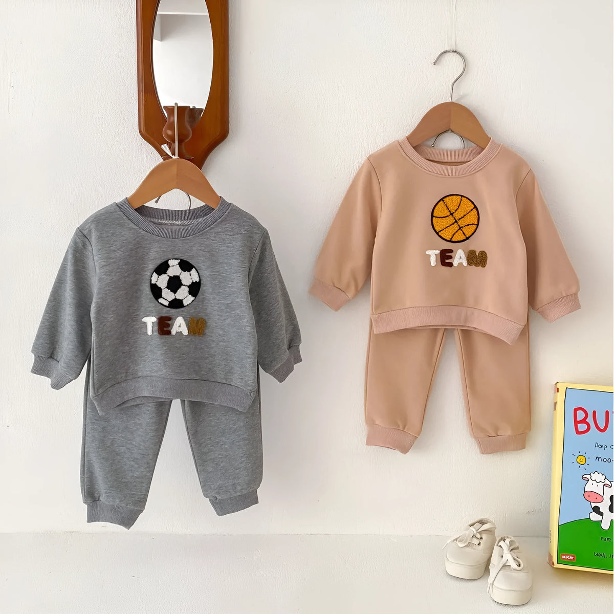 Ins Korean style baby suit two-piece set blouse and pants cotton pullover basketball design