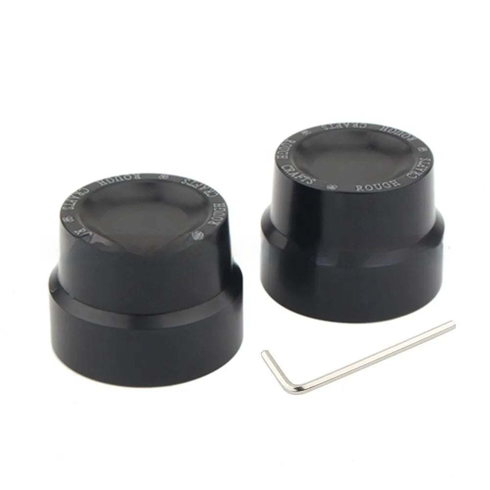 Black CNC aluminium front and rear axle decorative cover caps for Harley Sportster motorcycles.