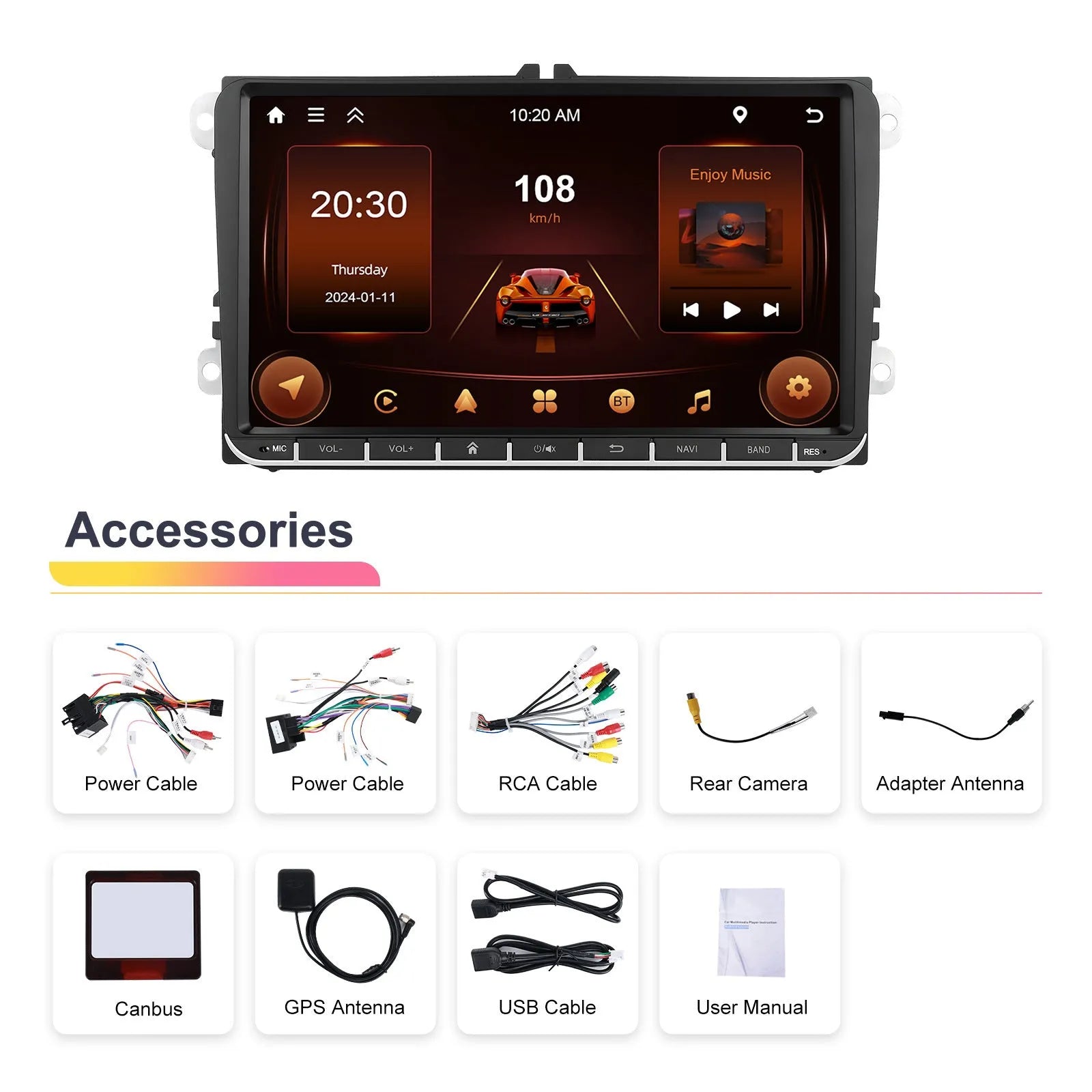 7-inch Android car stereo head unit with touchscreen for Volkswagen vehicles featuring wireless CarPlay.