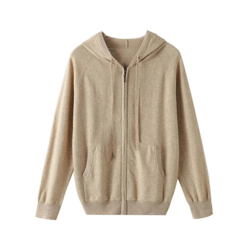 Men's grey hooded cashmere cardigan with full-length zipper showing regular fit design