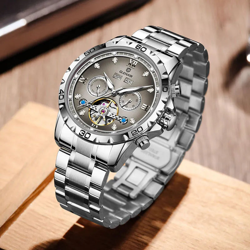 Men's automatic mechanical watch with stainless steel strap and mineral glass, showing various 8993 series colour dials.