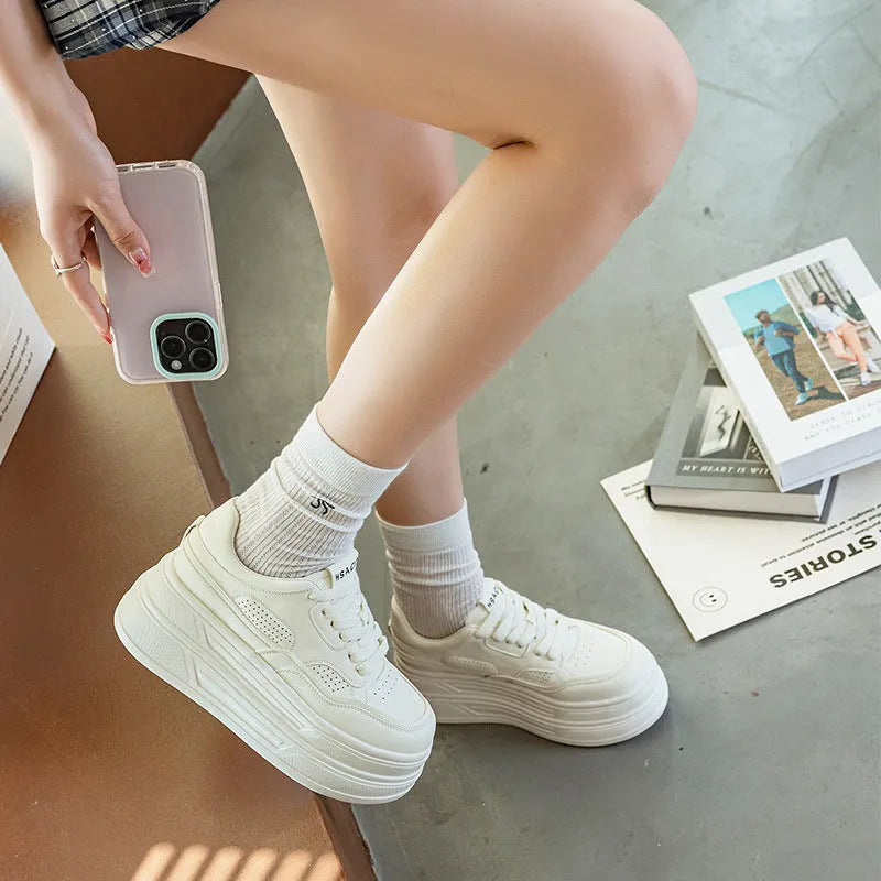 Creamy white beige leather platform casual shoes with lace-up and cross strap closure, round toe, low top, high heel 6-8cm